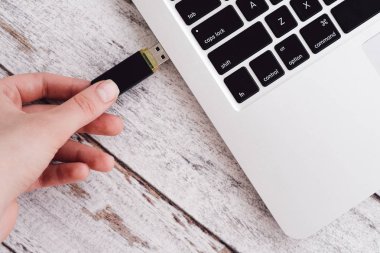 Kadın el dizüstü bilgisayara takarak usb flash girme