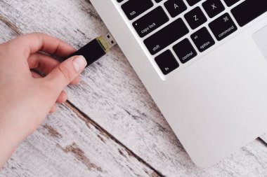 Kadın el dizüstü bilgisayara takarak usb flash girme