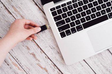 Kadın el dizüstü bilgisayara takarak usb flash girme
