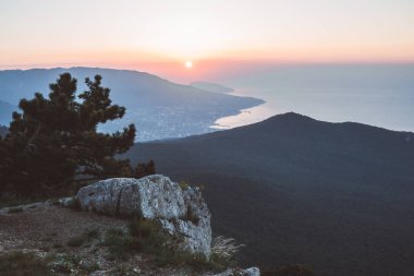 Ağaçlar gündoğumu arka plan üzerinde dağlarda