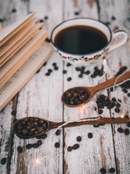 Black Coffee Cup Beans Wooden Vintage Spoon Open — Stock Photo, Image