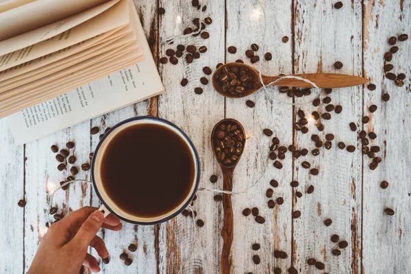 Hand Holding Black Coffee Cup Beans Wooden Vintage Spoon Open — Stock Photo, Image