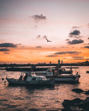 küçük gemilerin kumsalda güneş doğarken demirlemiş.