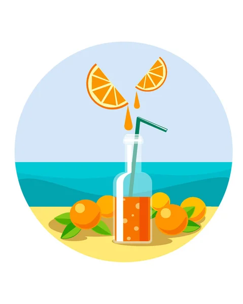 Flaska Med Apelsinjuice Och Apelsiner Stranden Bakgrunden — Stock vektor