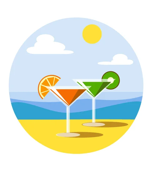 Twee Glazen Martini Een Zonnig Strand Met Fruit Plakjes — Stockvector