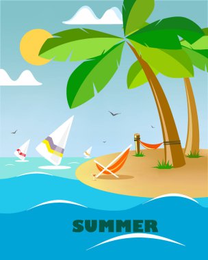 tatil Adası rüzgar sörfçüleri, palmiye ağaçları ve hamak