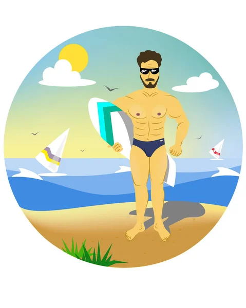 Man Surfer Met Bord Zand Met Uitzicht Zee — Stockvector