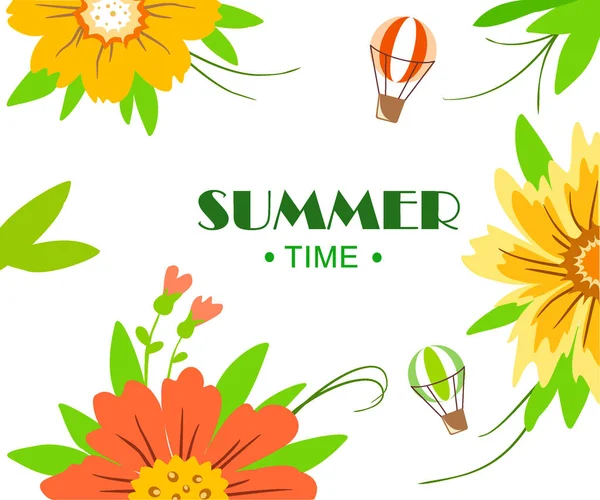 Floraler Hintergrund Mit Luftballons Und Der Aufschrift Sommer — Stockvektor