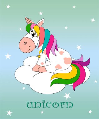 gökkuşağı tek boynuzlu at üzerinde bir bulutla yıldız turkuaz bir arka plan