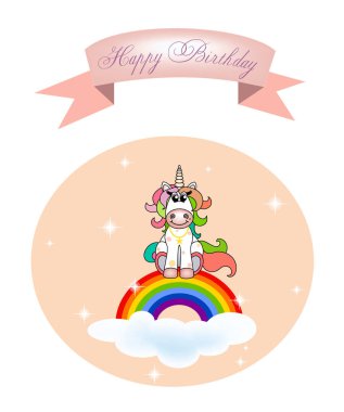 Bir gökkuşağı, tebrikler bir bulutla oturan tek boynuzlu at