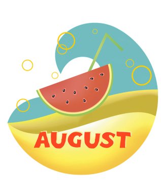 dalgalar ve kum yazıt ile karpuz dilim yuvarlak bir arka planda bir saman ile Ağustos