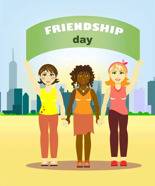 Girls Different Nations Stand Holding Hands Holding Friendship Poster Background — Stock Vector