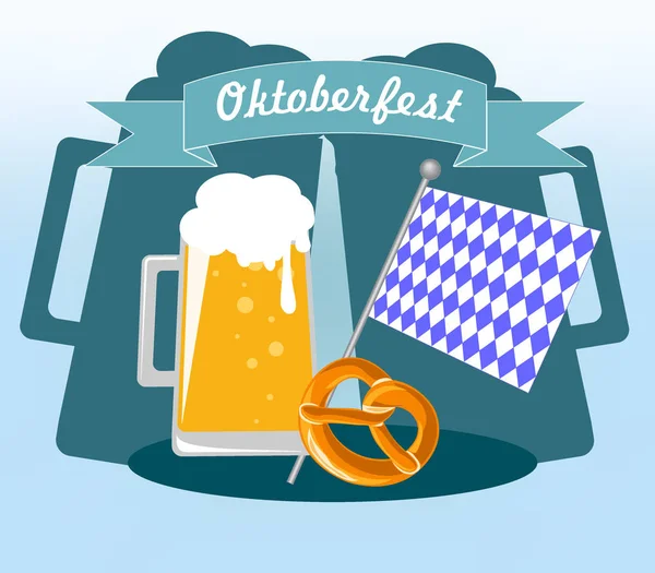 Picture German Holiday Oktoberfest Mug Foam Beer Bavarian Flag Brezel — Stock Vector