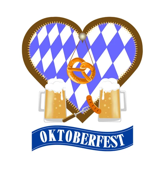 Illustration German Traditional Oktoberfest Beer Mugs Bretzel Background Heart Bavarian — Stock Vector