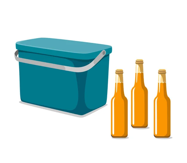 Blauer Sackkühlschrank Mit Bierflaschen Auf Weißem Hintergrund Flachbild Illustration — Stockvektor