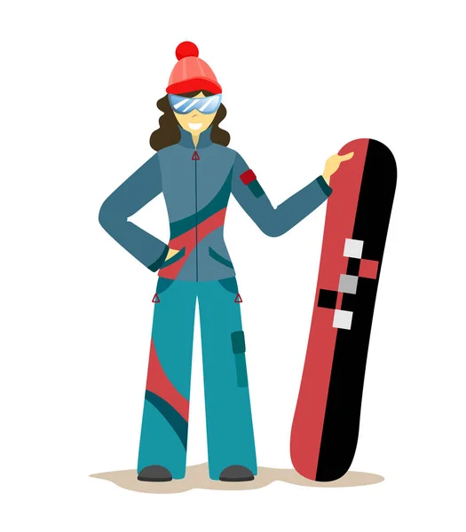 Niña Snowboarder Con Una Tabla Snowboard Estilo Plano Sobre Fondo — Vector de stock