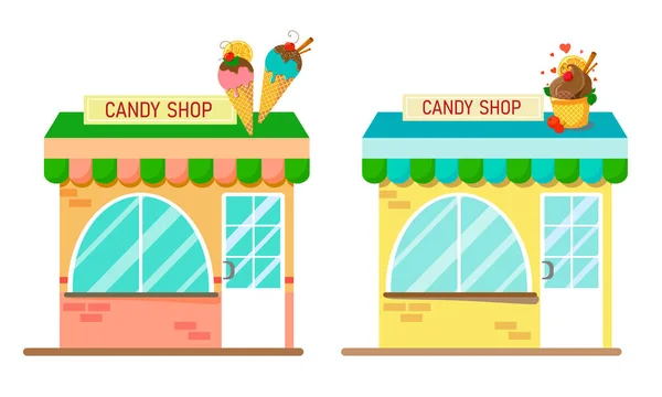 在白色背景上的两个颜色鲜艳的糖果店 平面样式例证 — 图库矢量图片