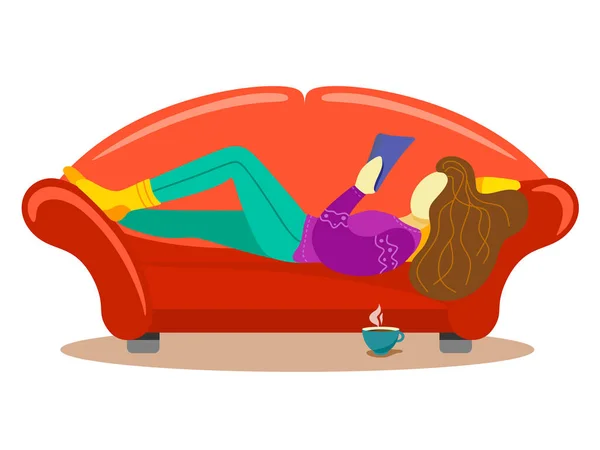 Girl Cup Hot Drink Lying Sofa Reading Book Flat Style — Stock Vector