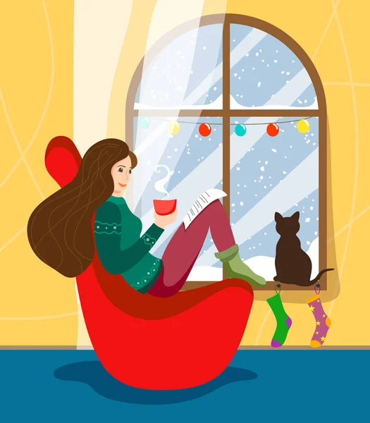 Girl Sits Chair Winter Window Decorated Festoons Reads Book Mug — Stock Vector