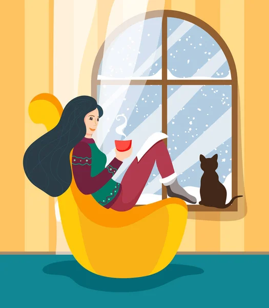 Дівчина Сидить Біля Зимового Вікна Зручному Кріслі Гарячою Чашкою Напою — стоковий вектор