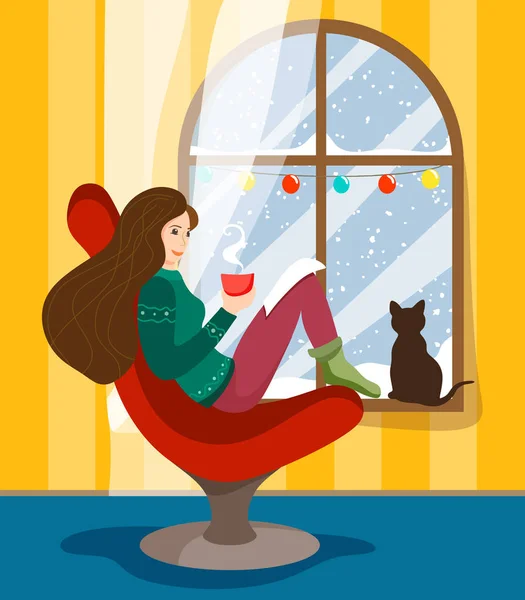 Girl Sits Winter Garland Decorated Window Armchair Chair Hot Mug — Stock Vector