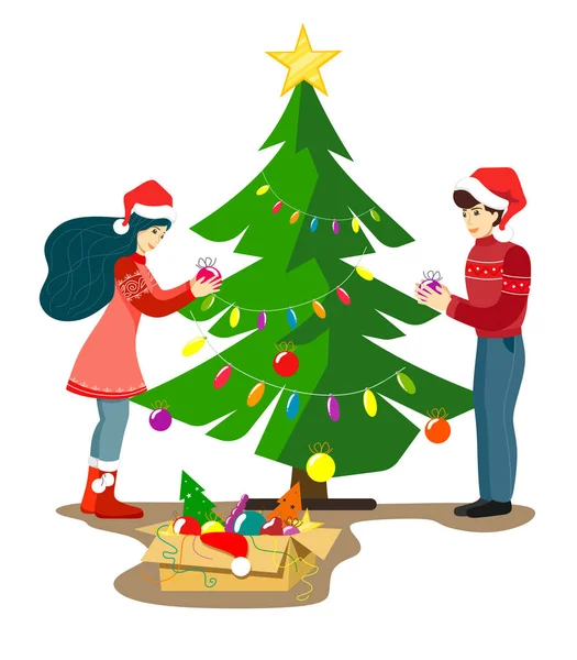 Τύπος Και Κορίτσι Διακοσμήσει Χριστουγεννιάτικο Δέντρο Στο Σπίτι Μαζί Μια — Διανυσματικό Αρχείο