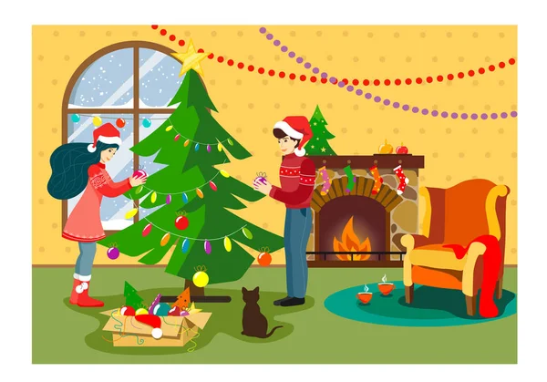 戴着圣诞老人帽子的女孩和那个男人在一个舒适的房间里装饰圣诞树 房间里有一个壁炉 圣诞节和新年 一只猫坐在它旁边 窗外下雪了 平面样式例证 — 图库矢量图片#