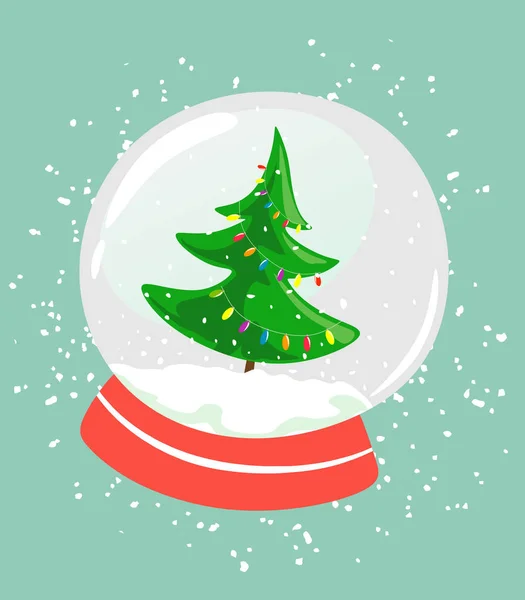 Bola Nieve Navidad Con Árbol Navidad Decorado Ilustración Estilo Plano — Vector de stock