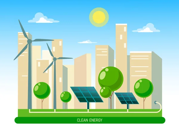 Ilustración Vectorial Aislada Energía Eléctrica Limpia Fuentes Renovables Sol Viento — Vector de stock