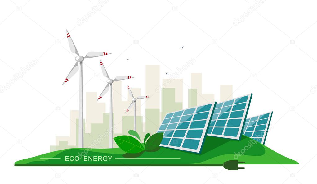 Vector illustration of clean electric energy from renewable sources sun and wind on white. Power plant station buildings with solar panels and wind turbines on city skyline urban landscape.Eco energy