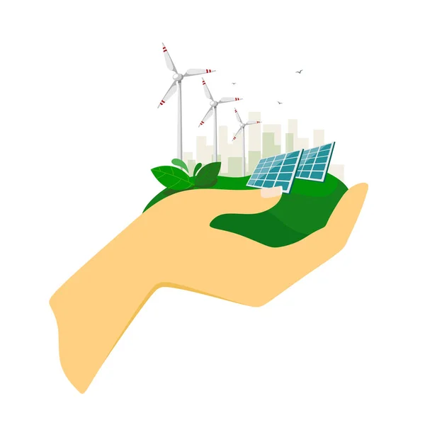 Alternatieve Energie Zonnepanelen Windturbines Met Stad Achtergrond Menselijke Hand Eco — Stockvector