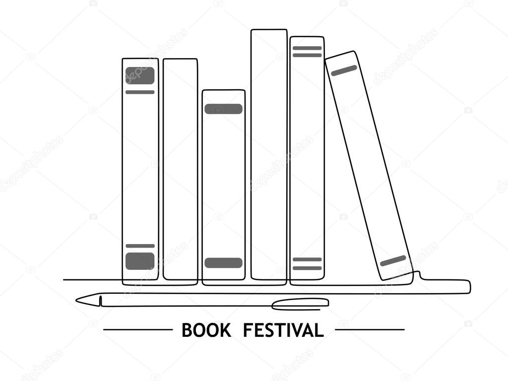 continuous line drawing  with books and text Book Festival