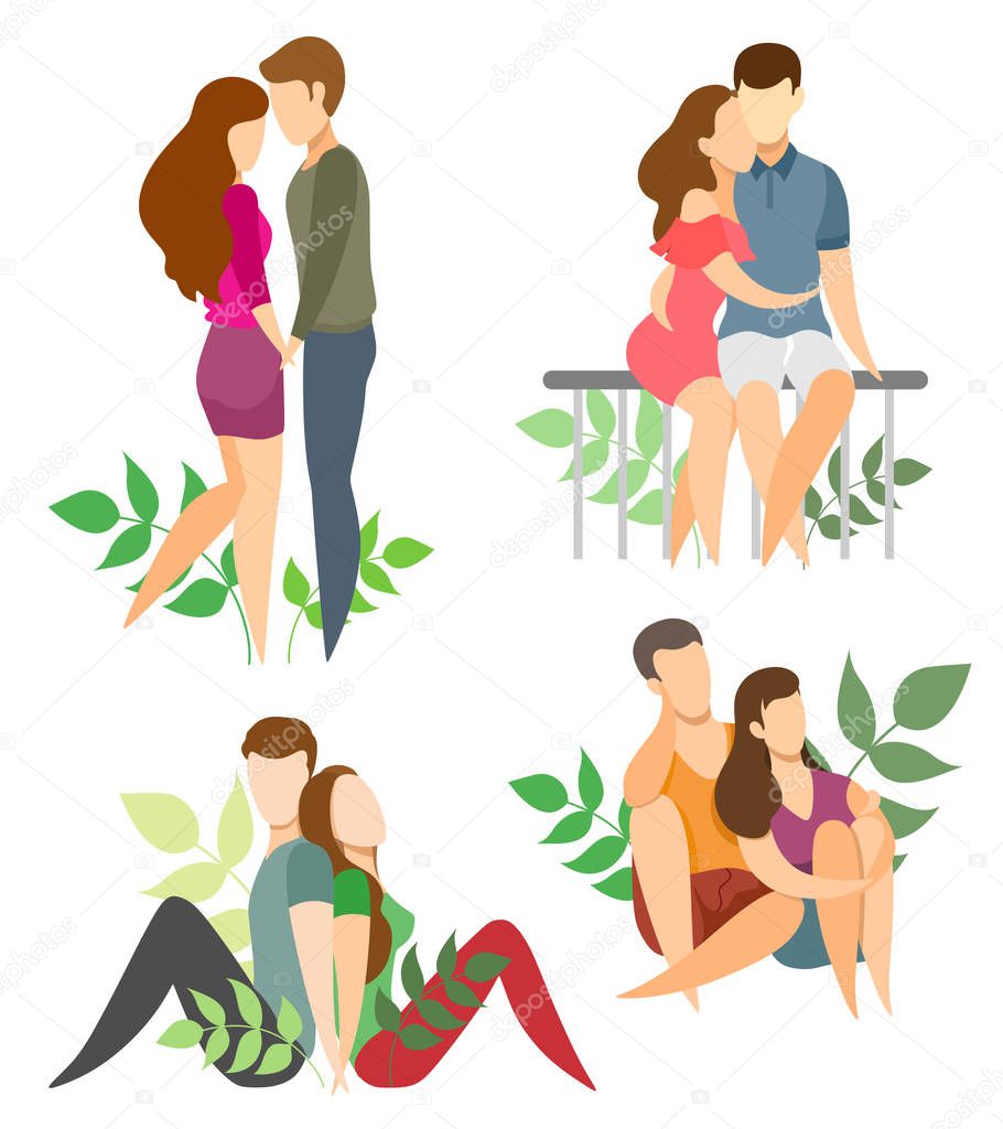 Set concept of couples in love with deco leaves. Cartoon characters. Vector illustration