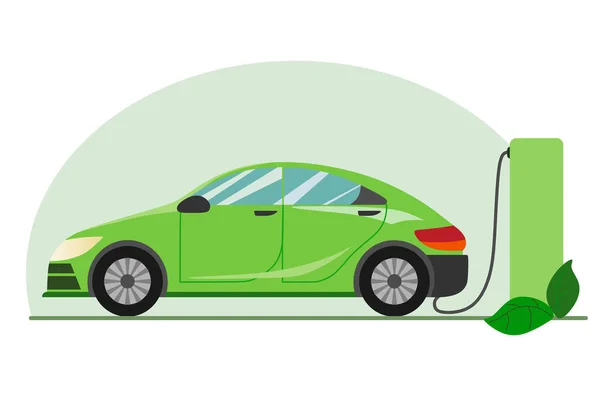 Carro Eléctrico Verde Carregar Estação Carregador Eletromobilidade Motion Concept Flat — Vetor de Stock