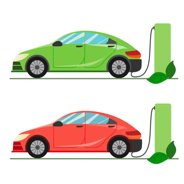 Carro Elétrico Verde Vermelho Carregando Estação Carregador Eletromobilidade Motion Concept — Vetor de Stock