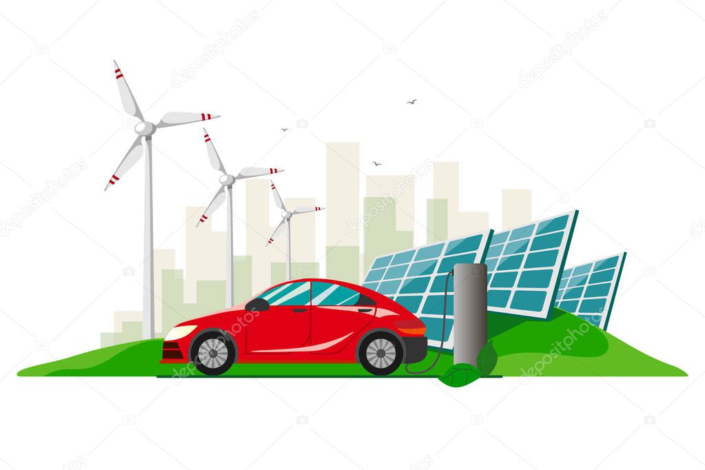 A red electric car charging at the charger station against the background with wind turbines and solar panels . Electromobility e-motion concept.Flat vector illustration.