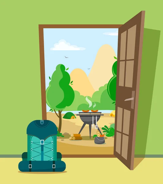 打开的门 看到野餐的景色 站在门口的背包上 — 图库矢量图片