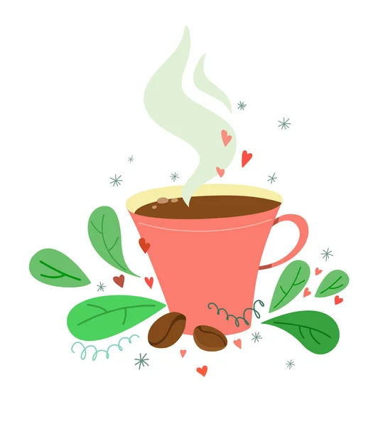 Einzigartige Und Süße Kaffeetasse Mit Kaffeebohnen Cartoon Stil Mit Dekor — Stockvektor