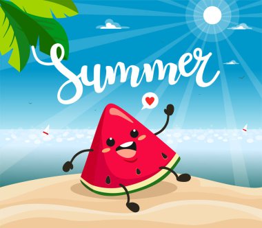 Vektör karpuz karakterleri ile yaz afiş tasarımı. Vektör çizimi