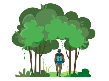 Sırt çantası olan bir adam ormana gider.