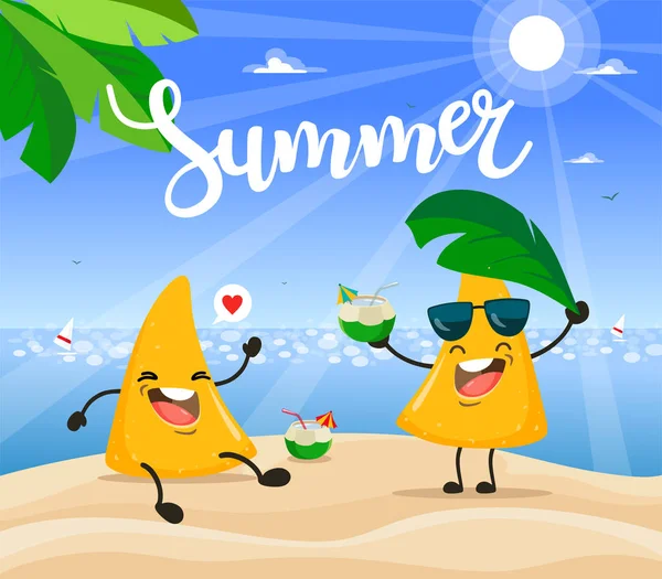 Zomer poster design met vector nachos chips karakter. — Stockvector