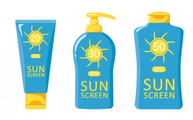 Güneş kremi ile şişeler simgeleri. Beyaz arka planda vektör yalıtır