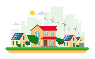 Beyaz güneş ve rüzgar yenilenebilir kaynaklardan temiz elektrik enerjisi vektör illüstrasyon. Bir cityscape cityscape ve kır evleri üzerinde güneş panelleri ve rüzgar türbinleri ile santral binaları