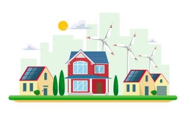 Beyaz güneş ve rüzgar yenilenebilir kaynaklardan temiz elektrik enerjisi vektör illüstrasyon. Bir cityscape cityscape ve kır evleri üzerinde güneş panelleri ve rüzgar türbinleri ile santral binaları