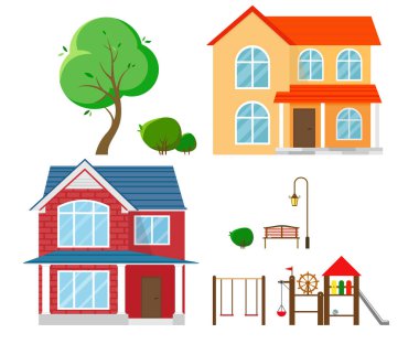 Bir ağaç, çalılar, bir sokak lambası ve bir oyun alanı ile bir bank ile iki kır evlerin unsurları kümesi. Karikatür düz tarzda vektör illüstrasyon.