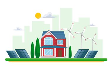 Beyaz güneş ve rüzgar yenilenebilir kaynaklardan temiz elektrik enerjisi vektör illüstrasyon. Bir cityscape cityscape ve kır evleri üzerinde güneş panelleri ve rüzgar türbinleri ile santral binaları