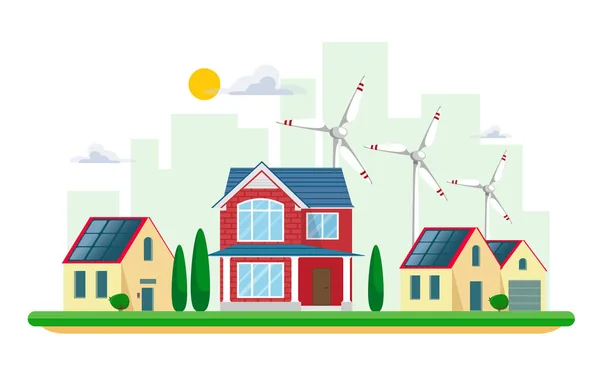 来自太阳能和风能的太阳能的矢量图示白 在城市景观和乡村住宅上配备太阳能电池板和风力涡轮机的发电厂建筑 — 图库矢量图片