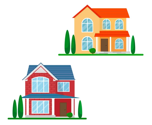 Two Cottages Country Houses Little Landscaping Cartoon Flat Style Vector — Stock Vector