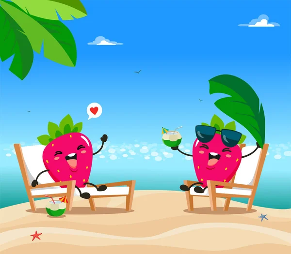 Funny Fresas Descansan Sillas Las Tumbonas Playa Estilo Dibujos Animados — Vector de stock