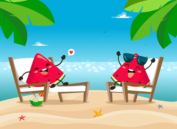 Grappige Stukjes Watermeloen Ontspannen Stoelen Ligstoelen Het Strand Een Cartoon — Stockvector